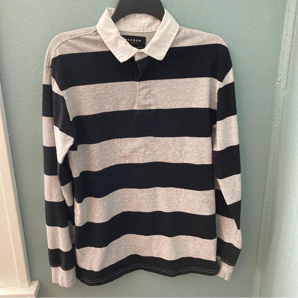 Pacsun Grey, Black Striped Collared Long Sleeve Polo Size Small‎
